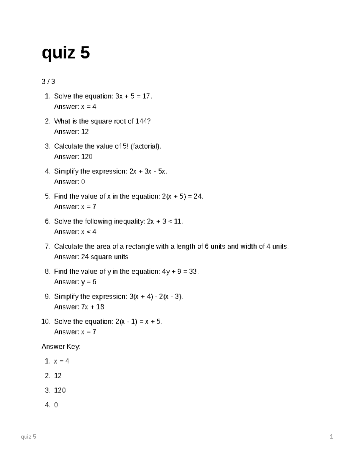 practice for a math test - quiz 5 1 quiz 5 3 / 3 Solve the equation: 3x ...