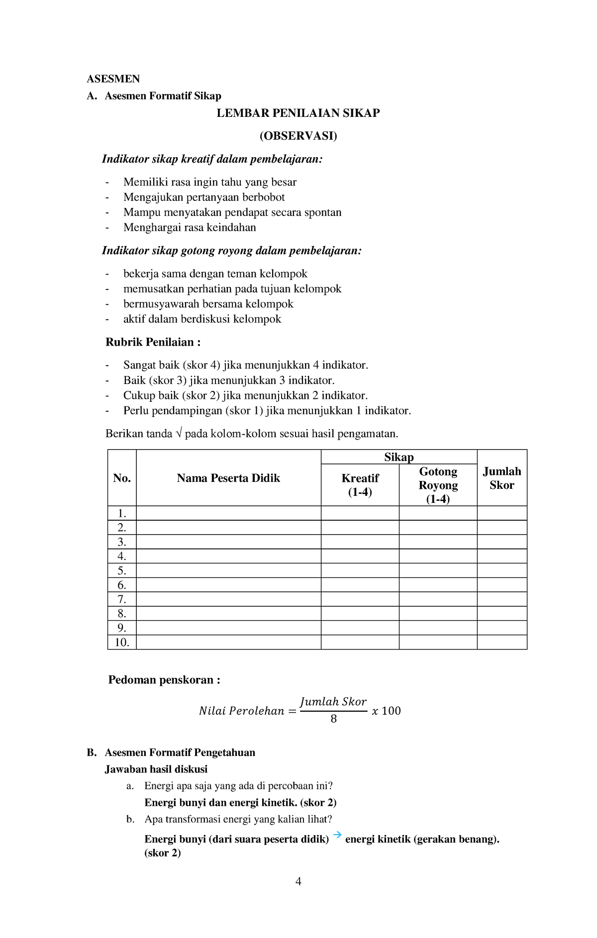 2. Perangkat Pembelajaran Kelas 4A - ASESMEN A. Asesmen Formatif Sikap ...