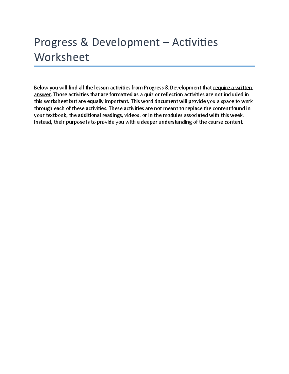 Week 5 Progress and Development-1 - Progress & Development – Activities ...