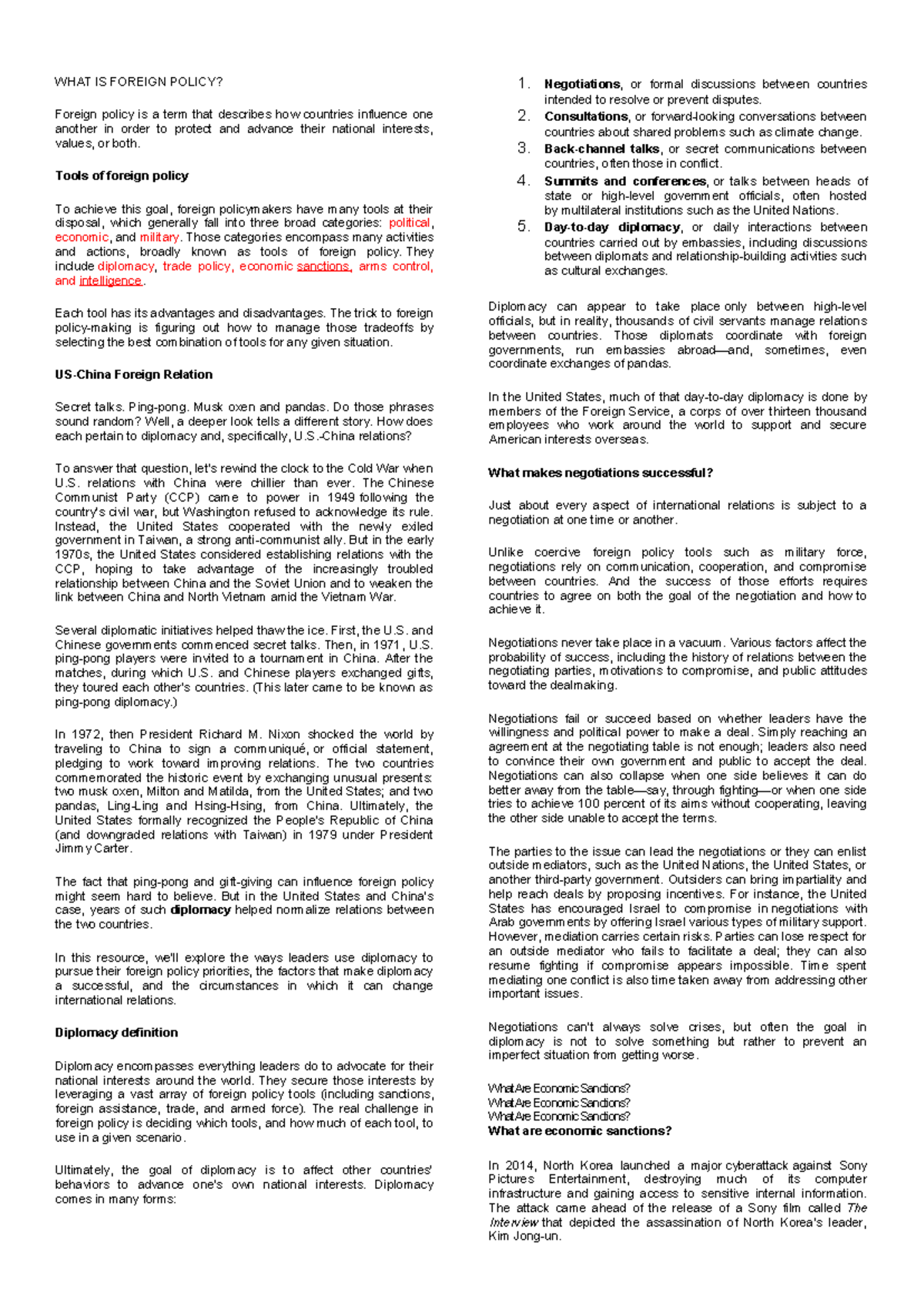 Foreign Policy Lecture Notes 2 Diplomacy - WHAT IS FOREIGN POLICY ...