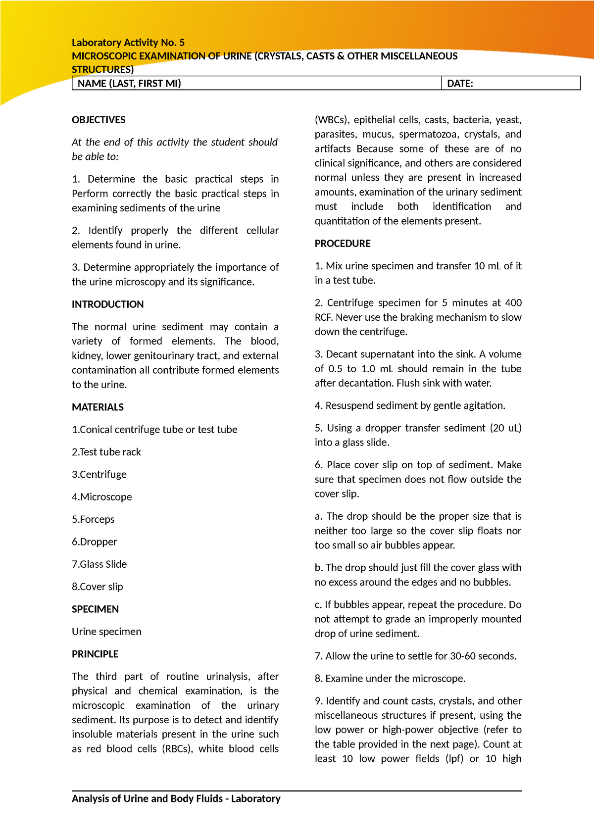 AUBF Lab Activity 5 - FECALYSIS - MICROSCOPIC EXAMINATION OF URINE ...