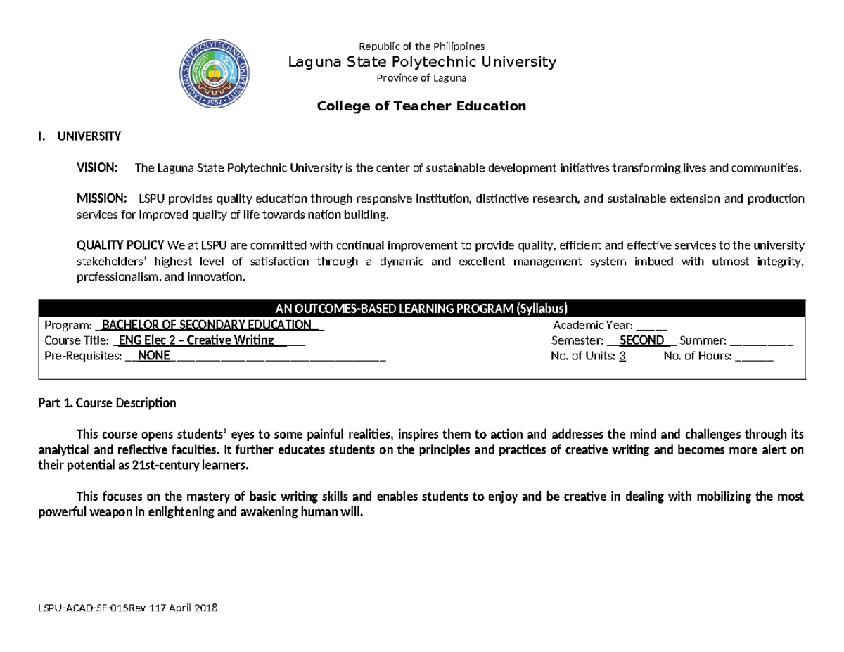 creative writing syllabus philippines