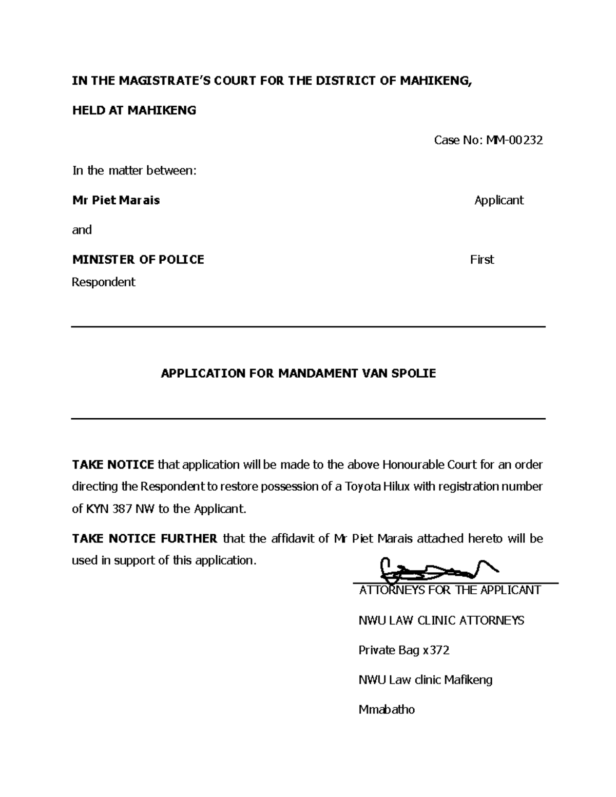 Spoliation Application, Founding Affidavit AND Letter OF Demand - IN ...