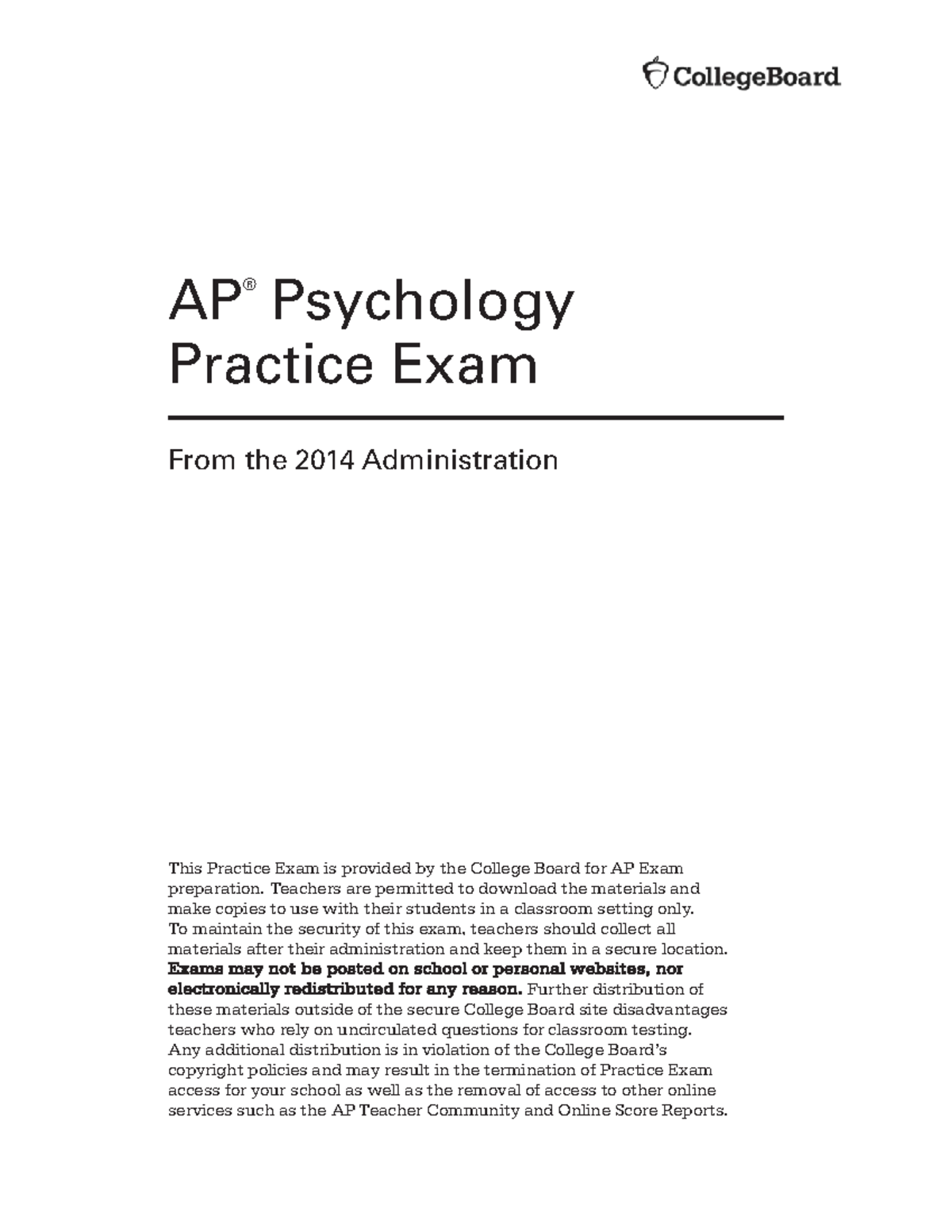 2014 AP Psychology Practice Exam MCQ Multiple Choice Questions With ...