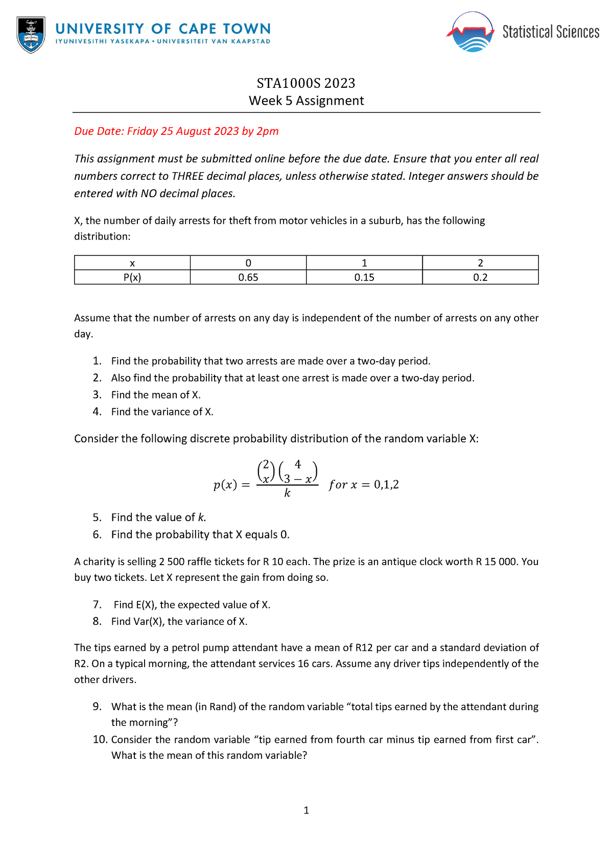 STA1000S 2023 Week 5 Assignment - 1 STA1000S 2023 Week 5 Assignment Due ...