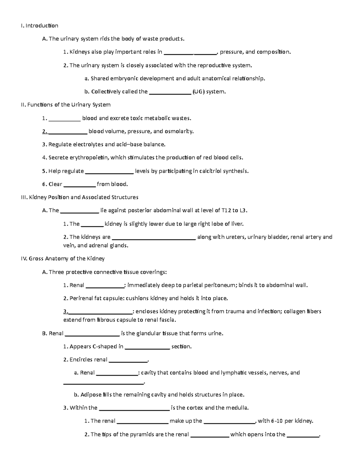 Urinary notes - I. Introduction A. The urinary system rids the body of ...