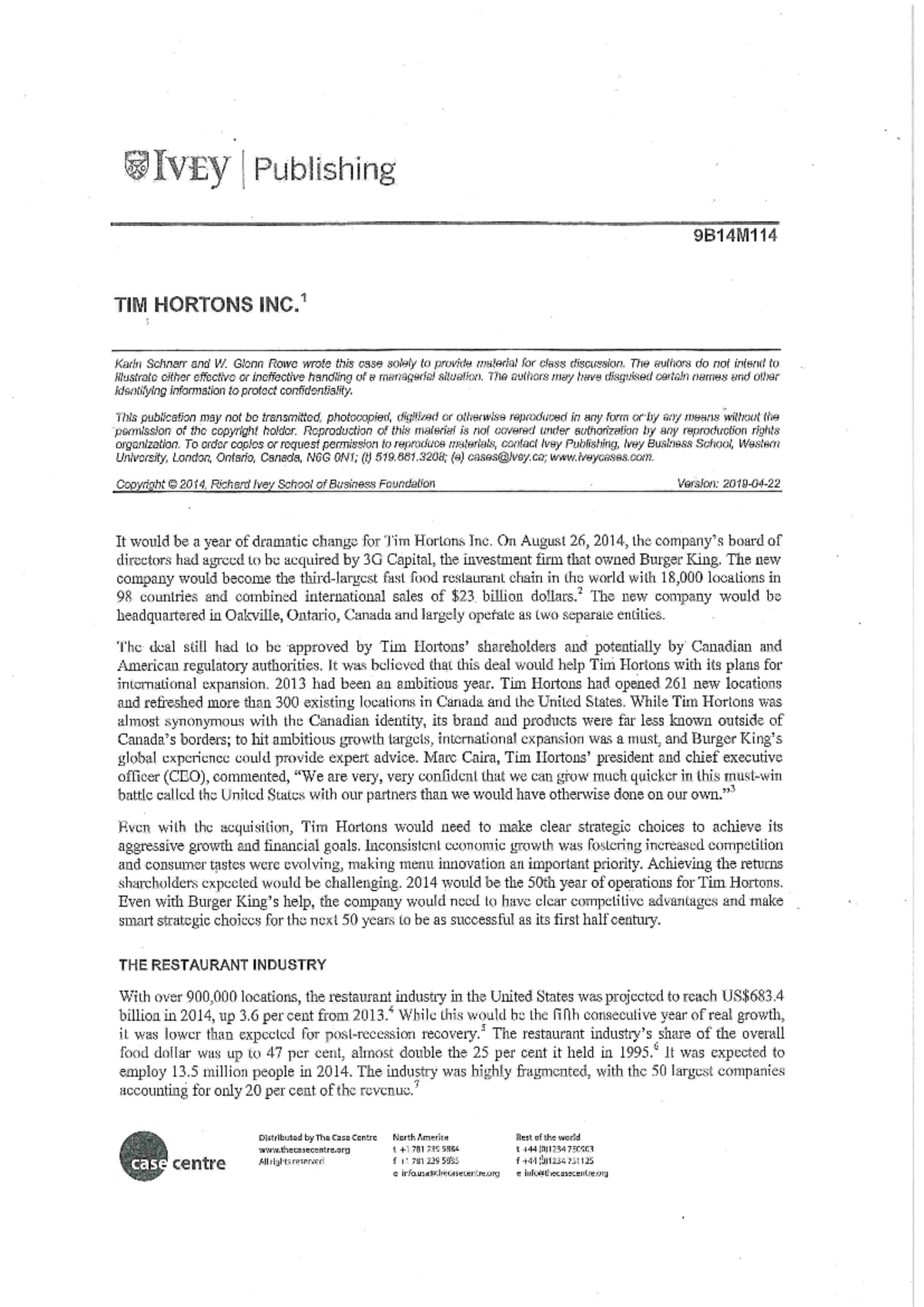 Exam case Tim Hortons Inc - MSIN7011 - Studocu