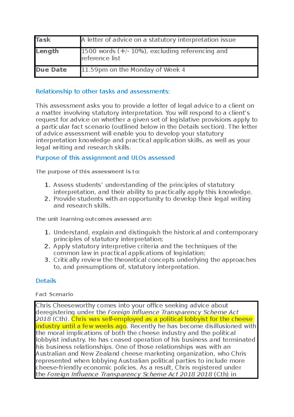 Letter of advice assessment - Task A letter of advice on a statutory ...