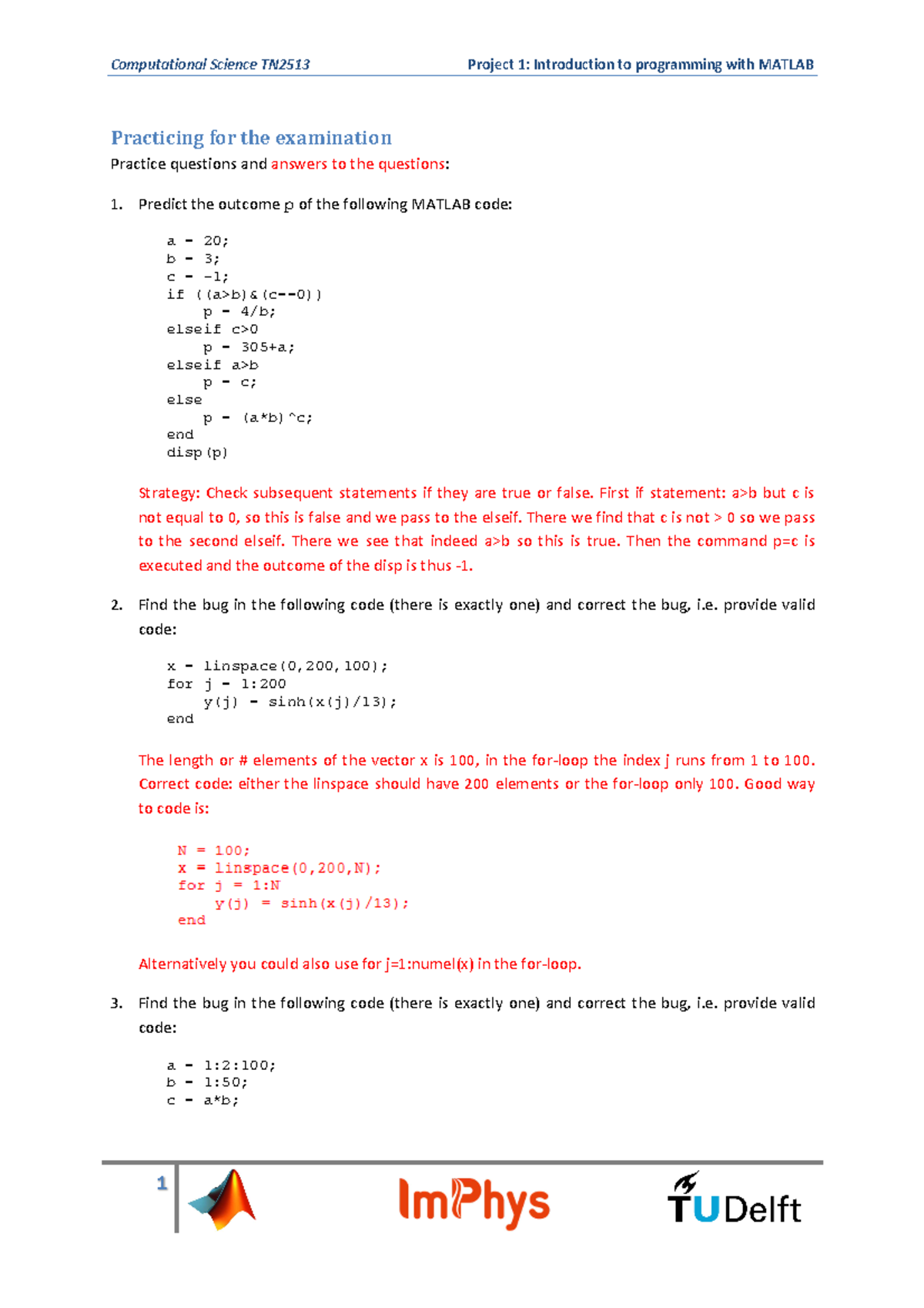 Project - Programming with Matlab - Examination questions - Practicing ...