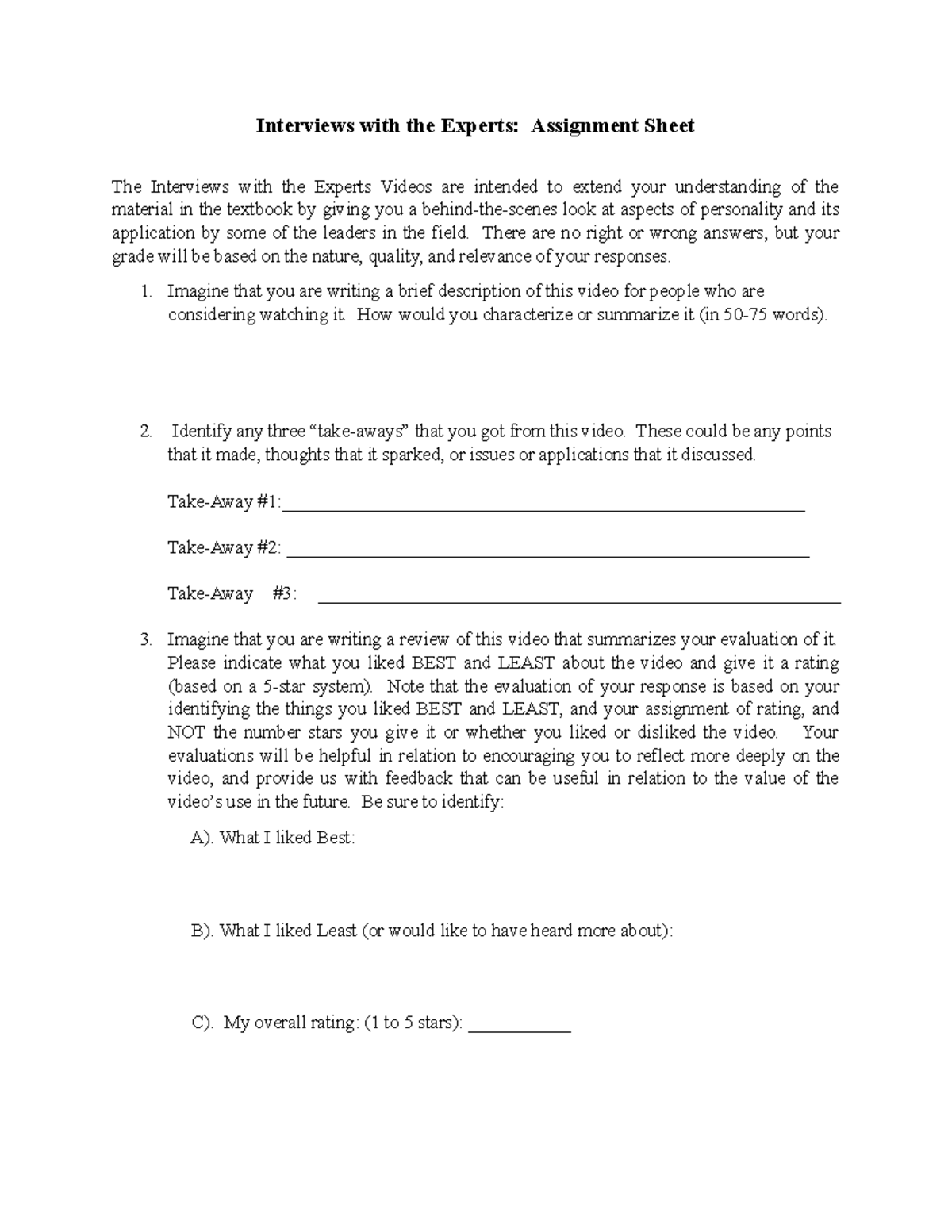 Expert Assignment Sheet-1 - Interviews with the Experts: Assignment ...