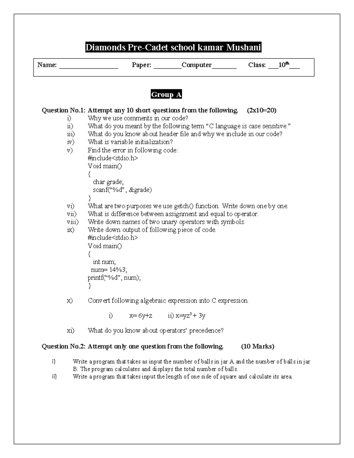 2024 diamond class 10th computer paper - Diamonds Pre-Cadet school ...