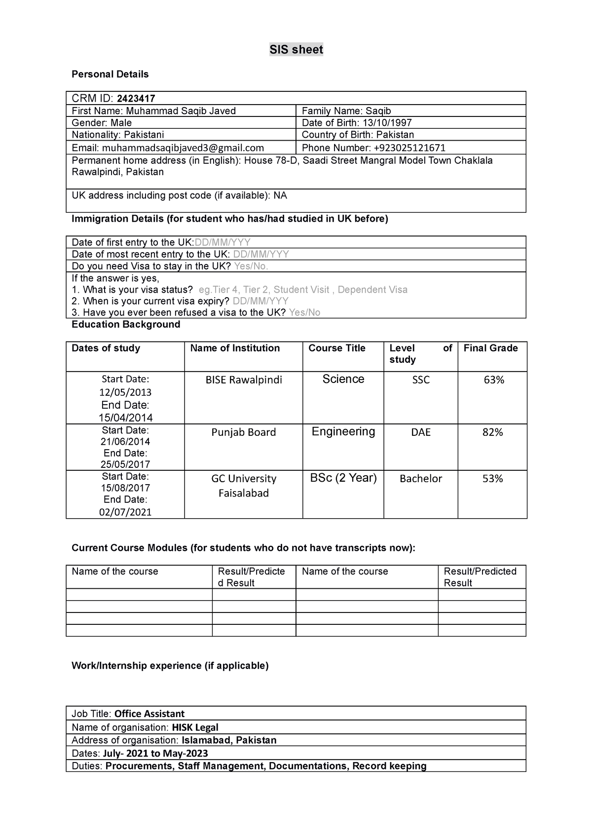 Student Information Sheet - Sis Sheet Personal Details Crm Id: 2423417 