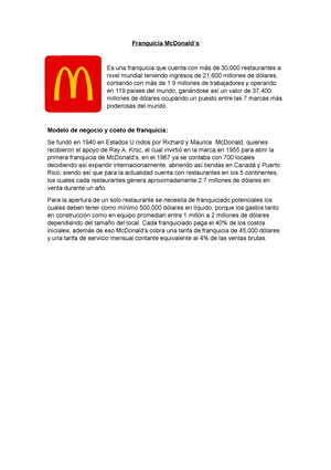 Franquicia Mc Donald - Franquicia McDonald ́s Es una franquicia que cuenta  con más de 30,000 - Studocu