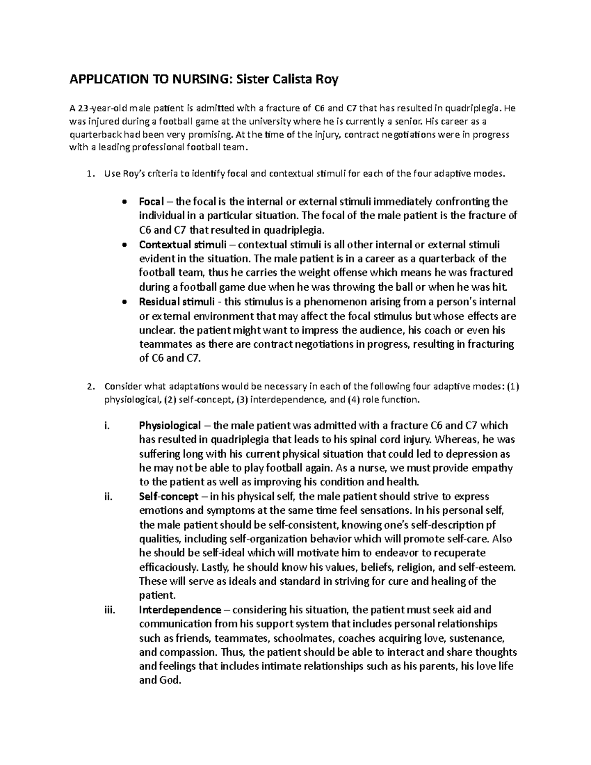 TFN Module 8 Activity APPLICATION TO NURSING Sister Calista Roy A 23 tfn-module-8-activity-application-to-nursing-sister-calista-roy-a-23