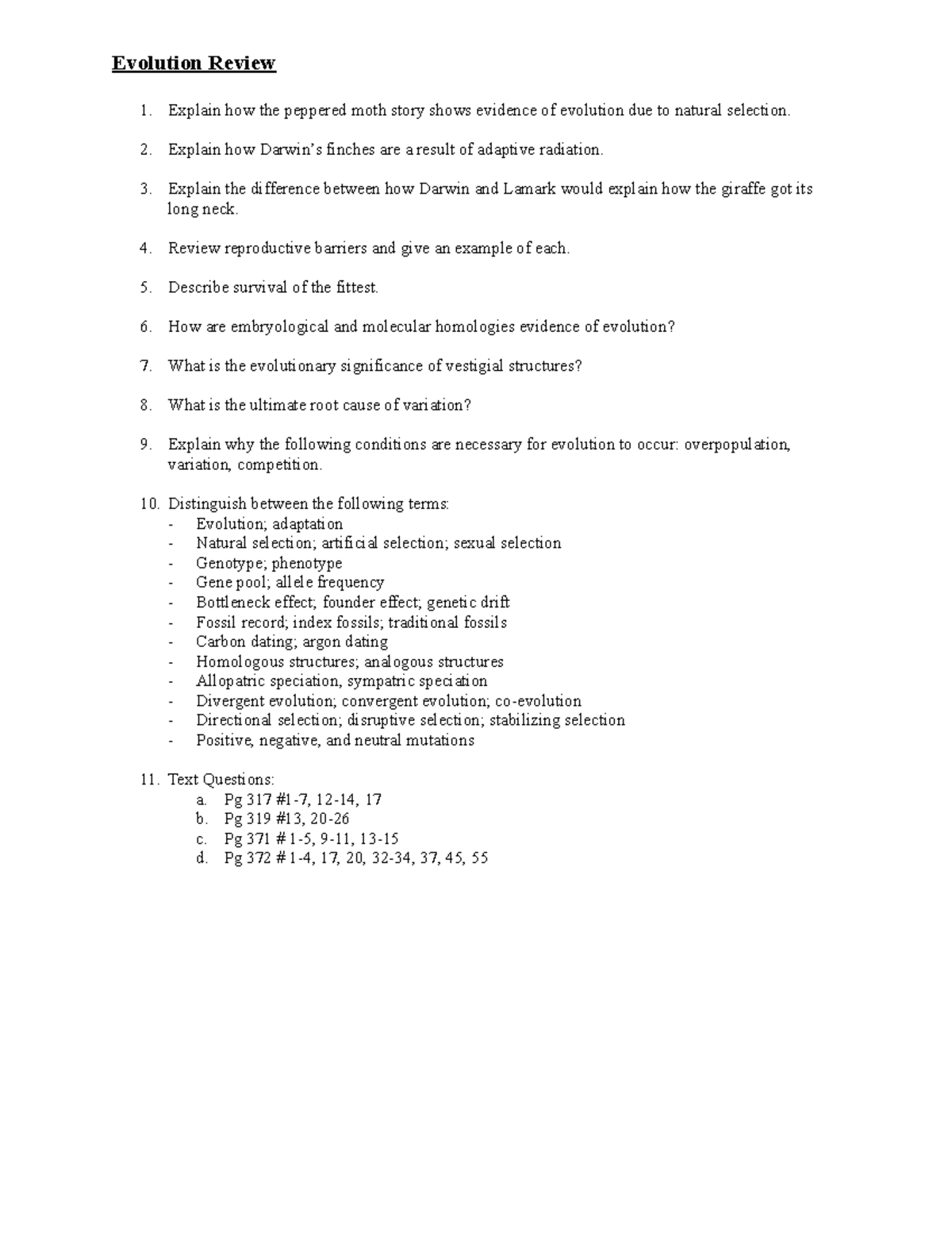 Evolution review - topics covered / in preparation of test - Evolution ...