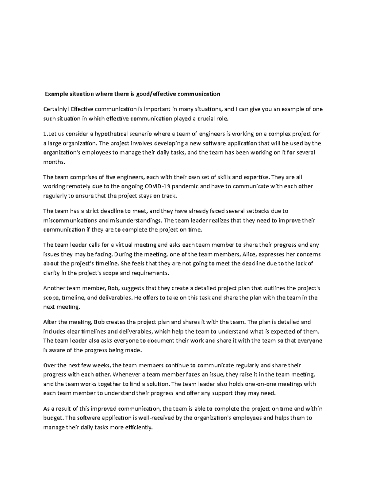 Communication 3 - Example situation where there is good/effective ...