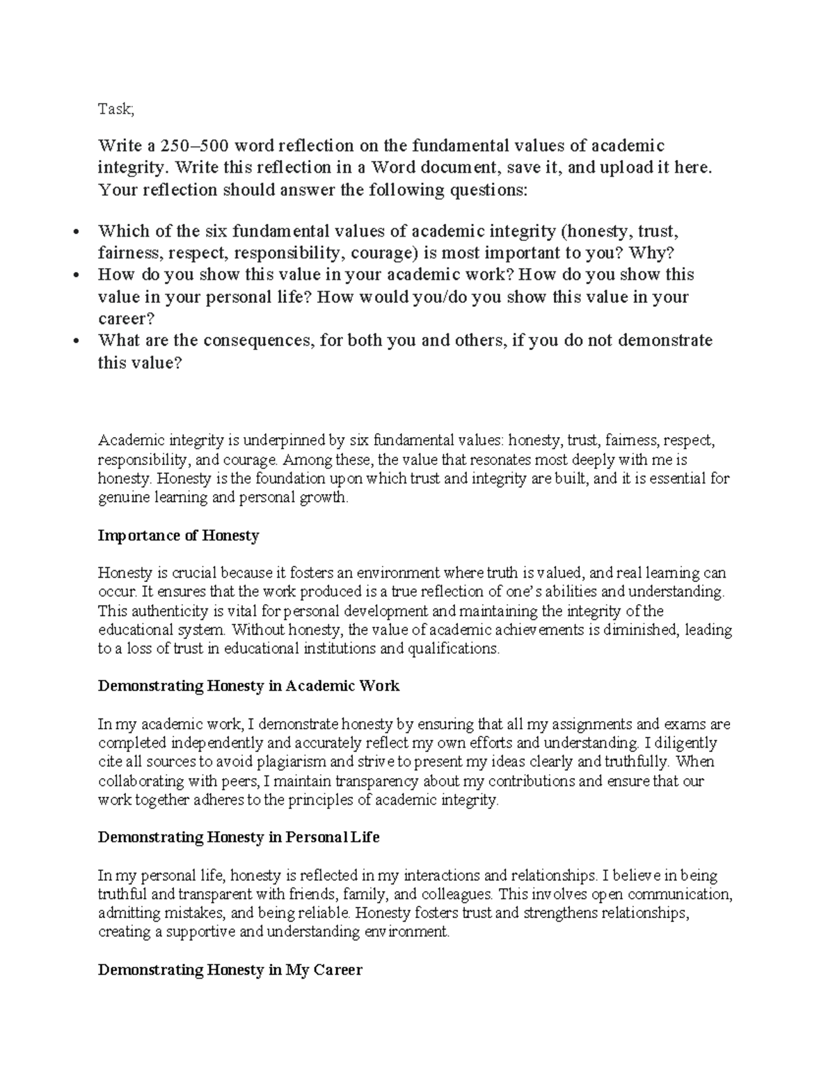 Ass3 - very good - Task; Write a 250–500 word reflection on the ...