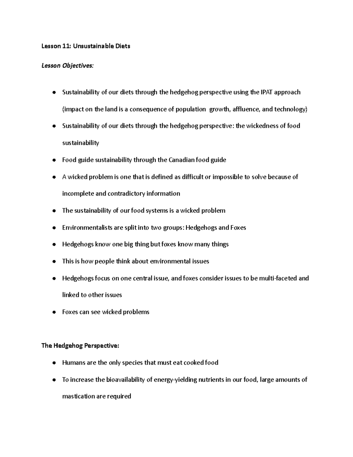 Biology 203-Lesson 11 LECTURE NOTES - Lesson 11: Unsustainable Diets ...