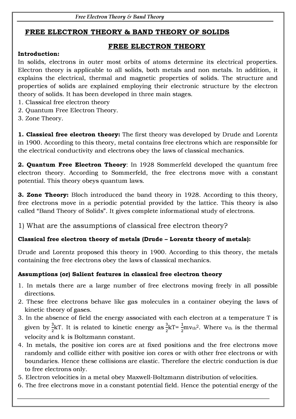 Unit 1 Notes - FREE ELECTRON THEORY & BAND THEORY OF SOLIDS FREE ...