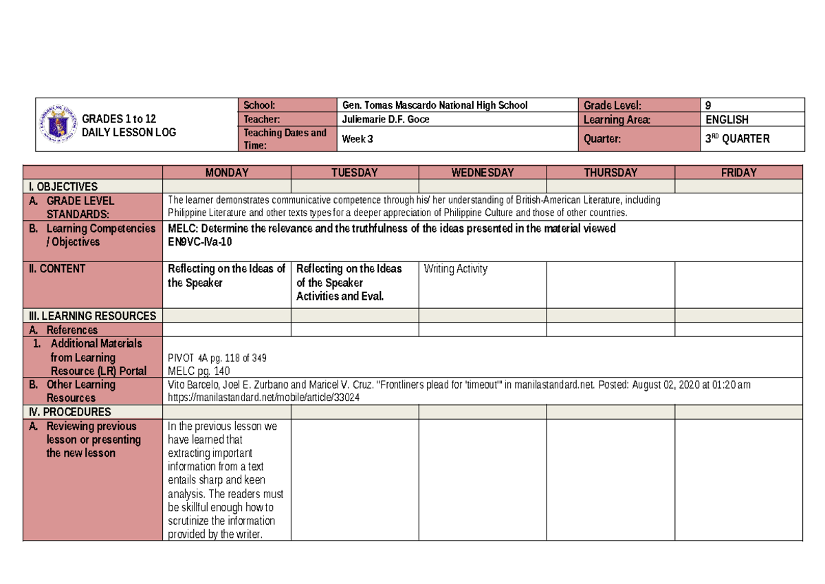 English 9 q3 w3 - N/A - GRADES 1 to 12 DAILY LESSON LOG School: Gen ...