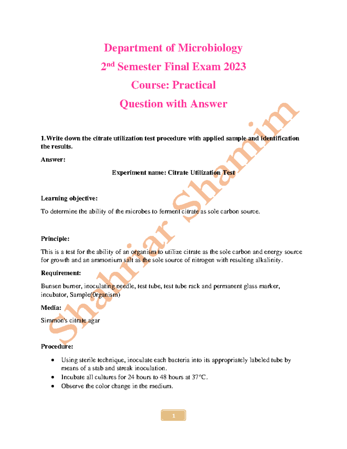 Practical Question Department Of Microbiology 2 Nd Semester Final Exam 2023 Course Practical