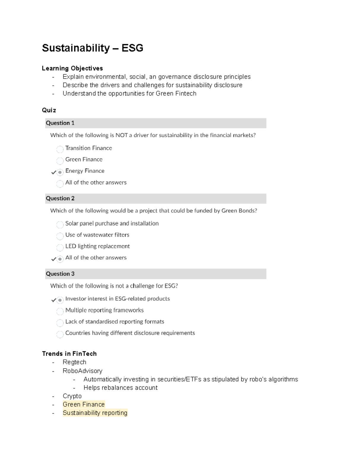 Week 13 - sustainability - Sustainability – ESG Learning Objectives ...