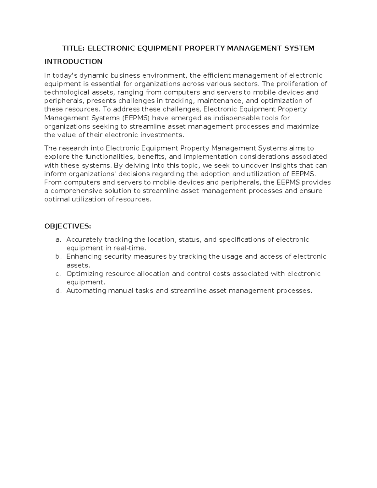 Electronic Equipment Property Management System - TITLE: ELECTRONIC ...