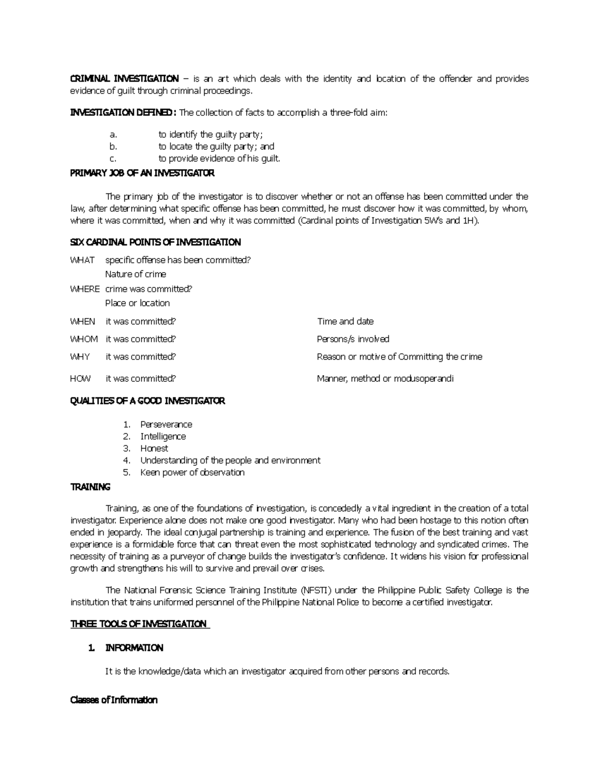 CDI 1 - Fundamentals of Criminal Investigation Part 1 - CRIMINAL ...
