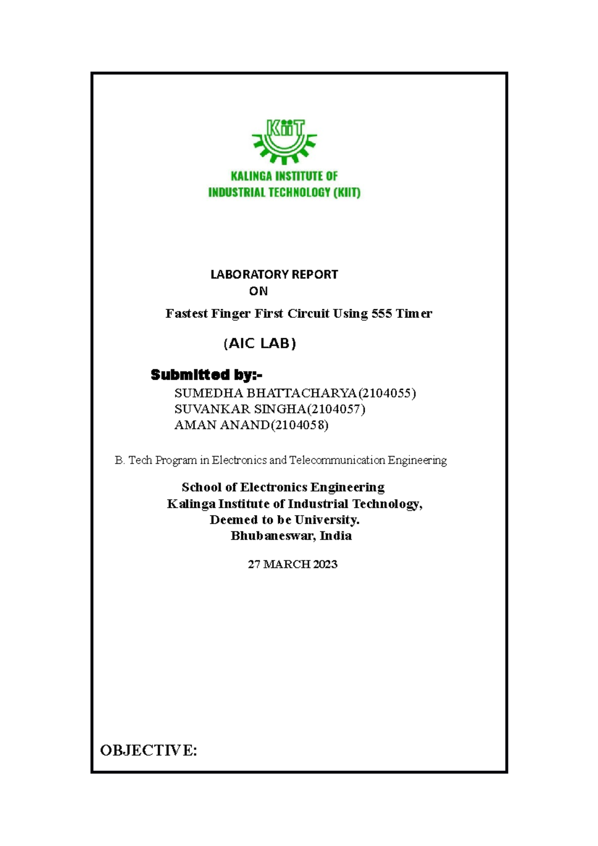 AIC LAB OPEN Ended 2 2023 - LABORATORY REPORT ON Fastest Finger First ...