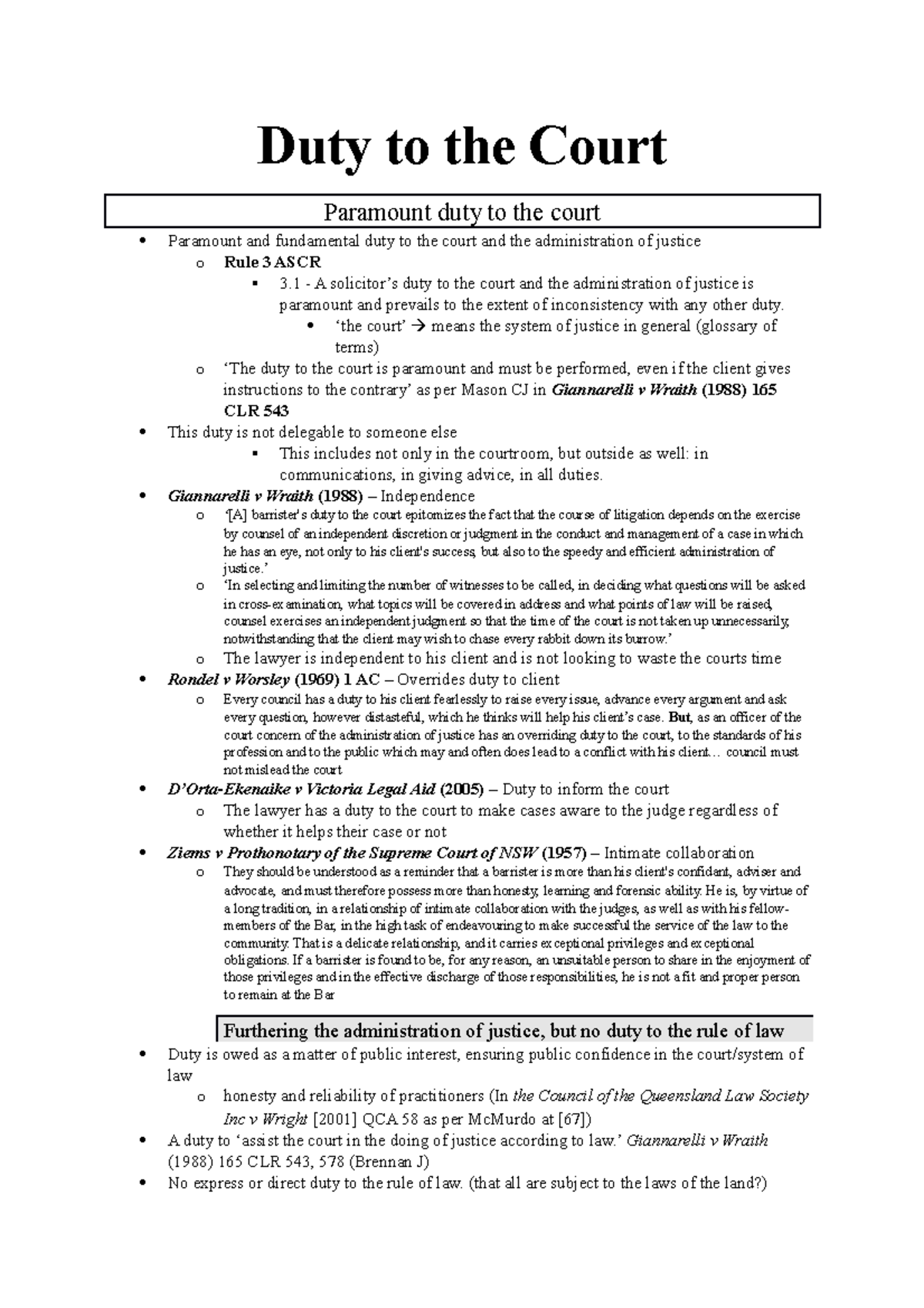 Ethics Notes Duty To The Court Paramount Duty To The Court Paramount