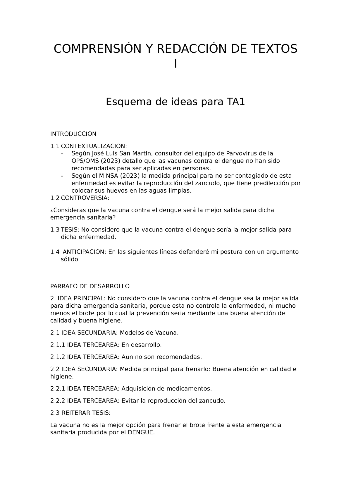 Esquema De Ideas Para TA1 - COMPRENSIÓN Y REDACCIÓN DE TEXTOS I Esquema ...