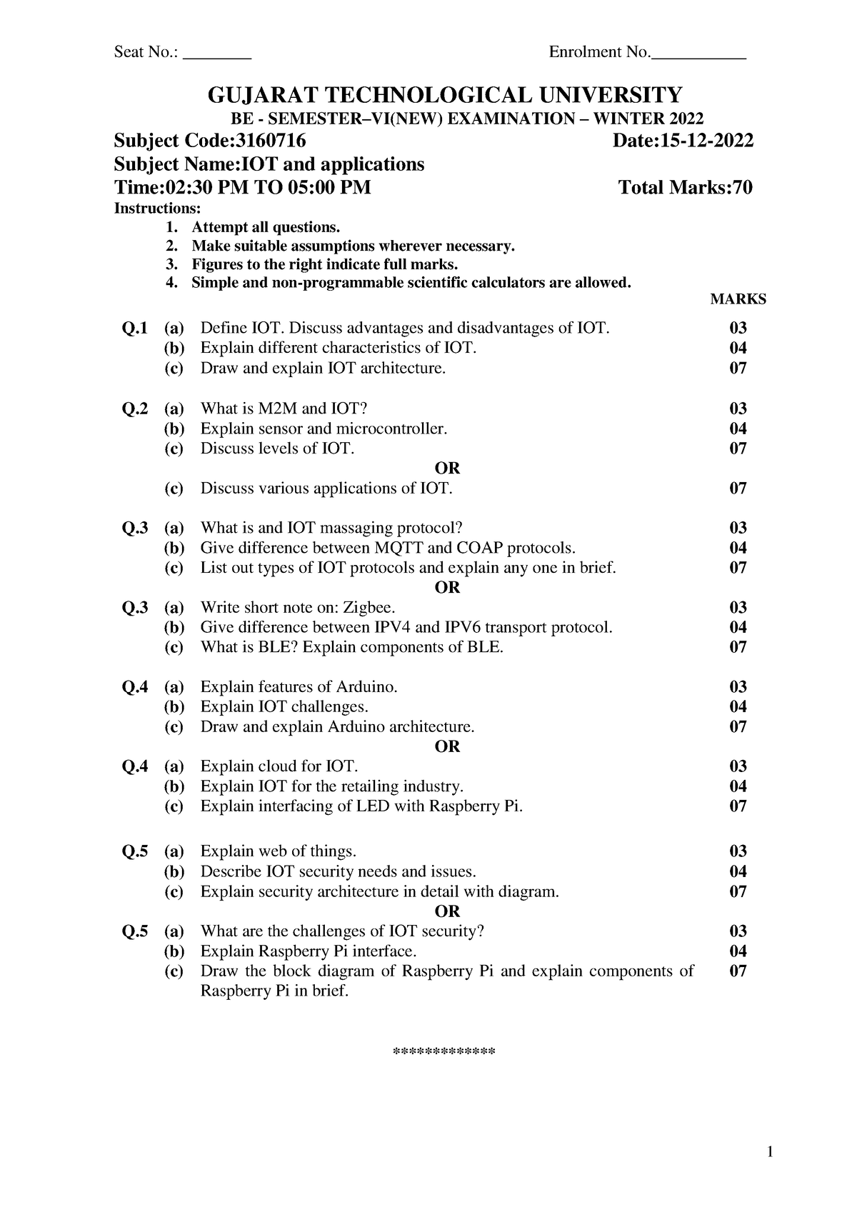 IOT W2022 GTU question Paper 1 Seat No. ________ Enrolment No