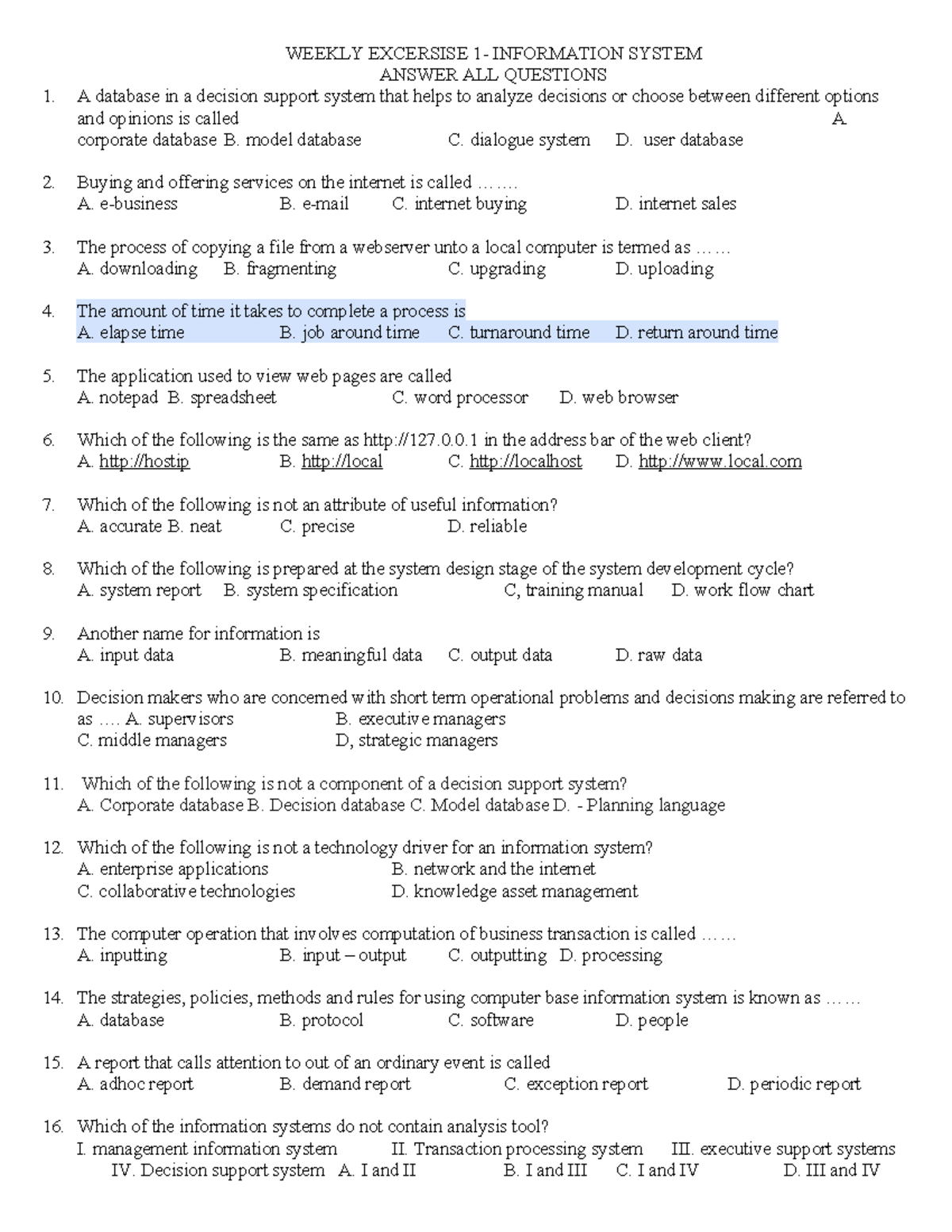 Weekly test 1 information systems ans every day use of it - WEEKLY ...