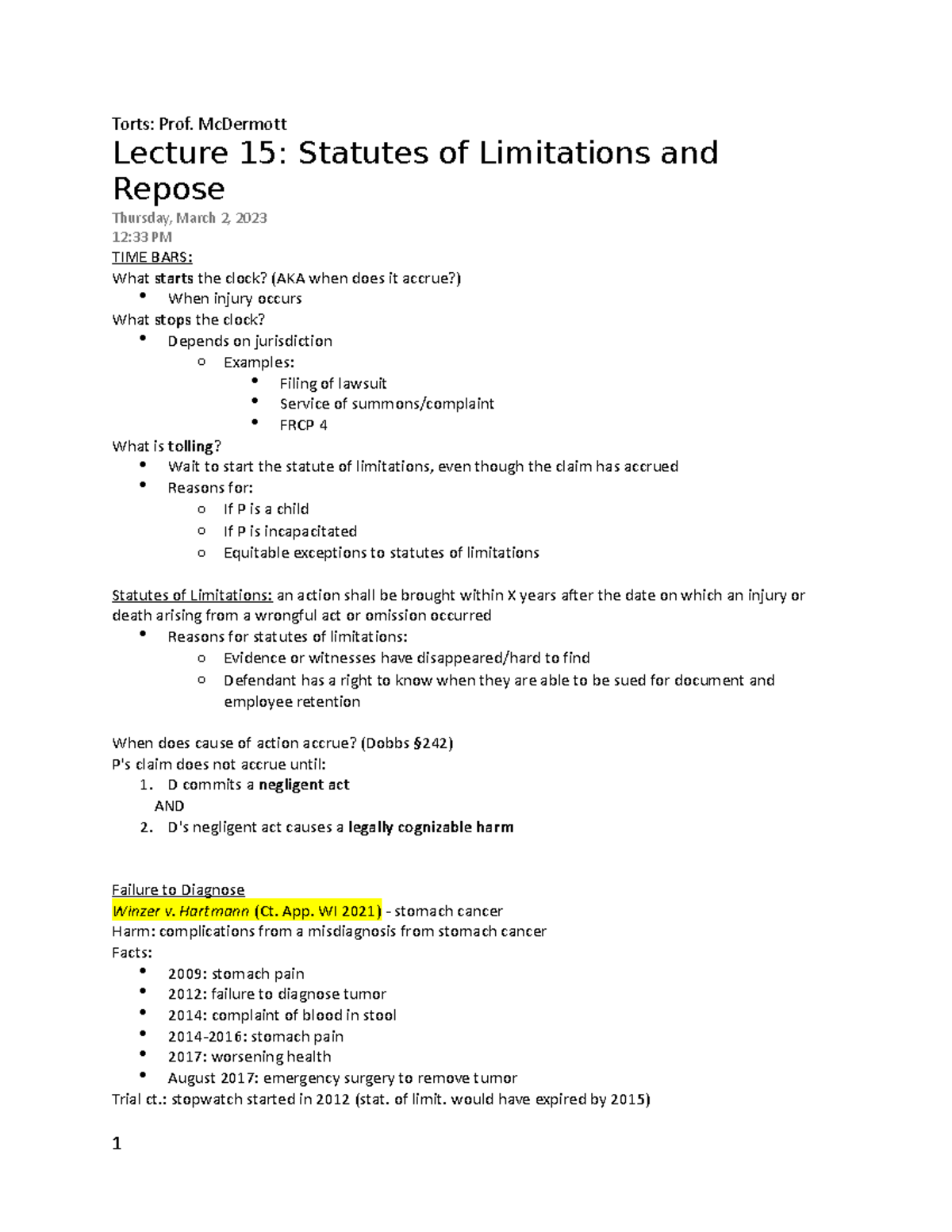 Torts Lecture 15 Statutes of Limitations and Repose Torts Prof