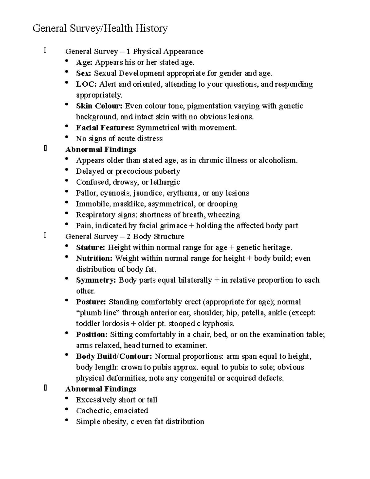 CNUR 203-Assessment Cheat Sheet - General Survey/Health History General ...