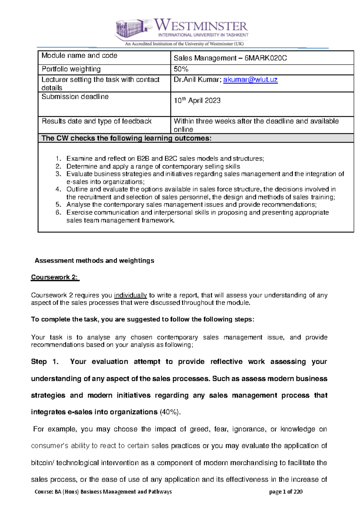 CW2 sales - Module name and code Sales Management – 6MARK020C Portfolio ...