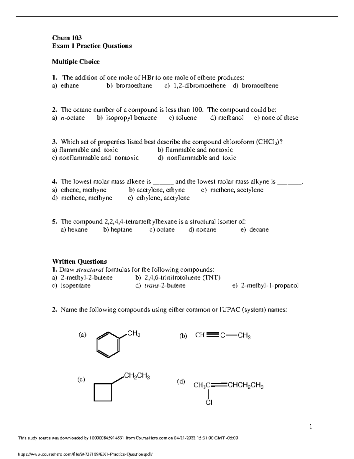 Chem 103 Exam 1 Practice Questions - 1 Chem 103 Exam 1 Practice ...