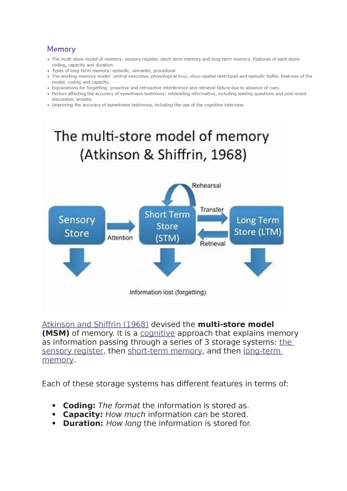 Memory notes - Atkinson and Shiffrin (1968) devised the multi-store ...