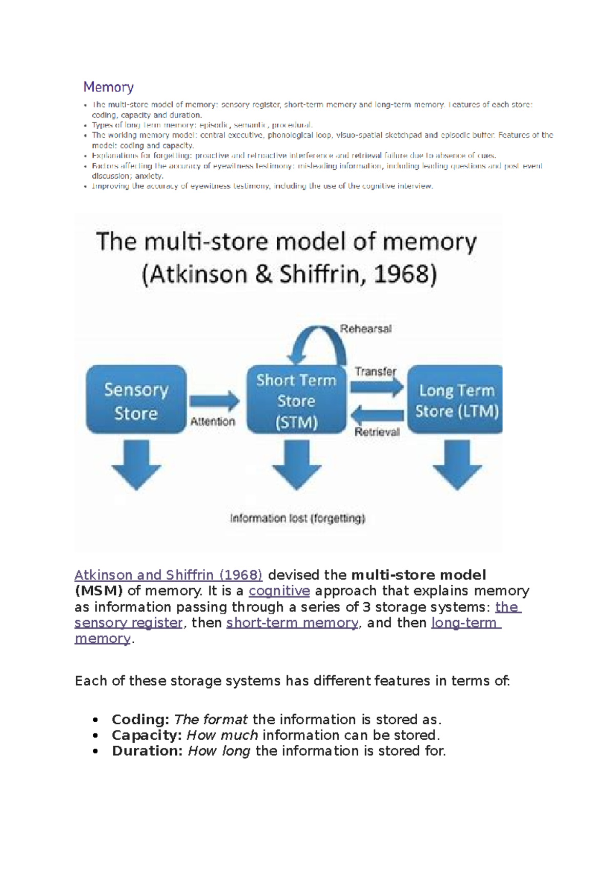 Memory notes - Atkinson and Shiffrin (1968) devised the multi-store ...