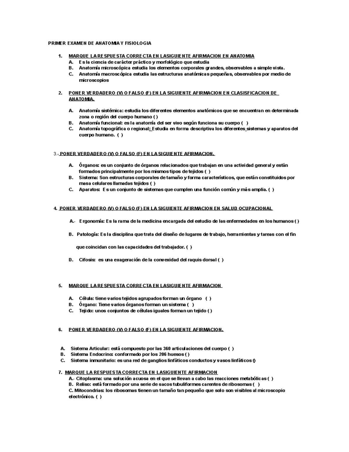 Examen DE Anatomia (Autoguardado) - PRIMER EXAMEN DE ANATOMIA Y ...