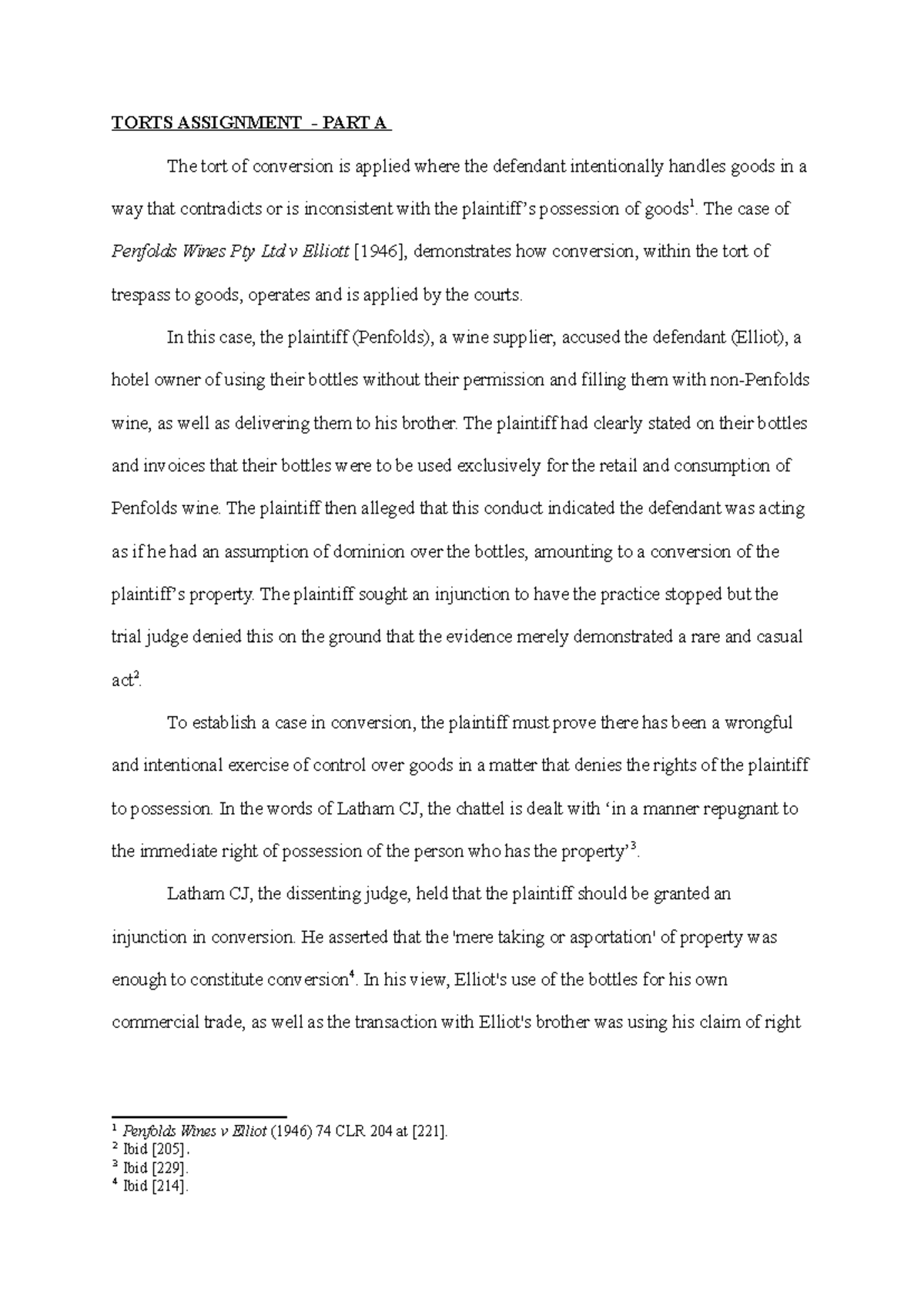 Torts Assignment - TORTS ASSIGNMENT - PART A The tort of conversion is ...
