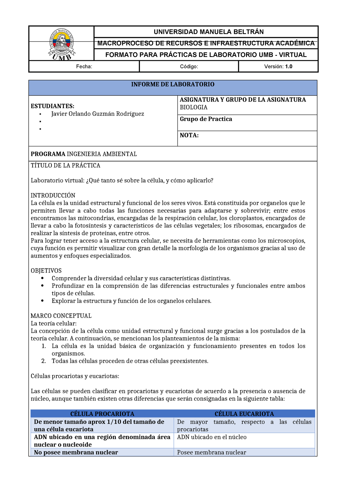 Formato Informe Laboratorio Biologia Informe De Laboratorio