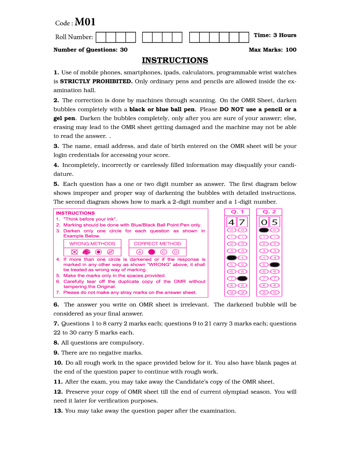 Ioqm Question Paper Null Time 3 Hours Number Of Questions 30 Max Marks 100 Instructions