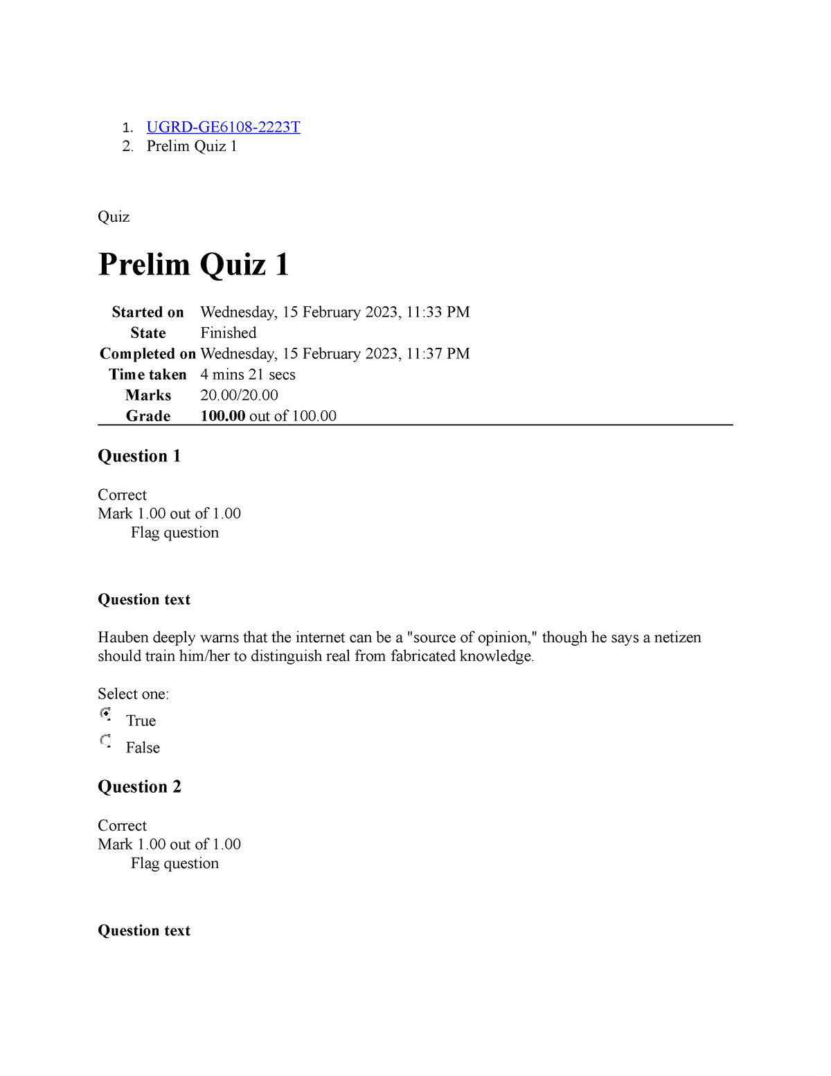 UGRD-GE6108-2223T Philippine Popular Culture QUIZ 1 - 1. UGRD-GE6108 ...