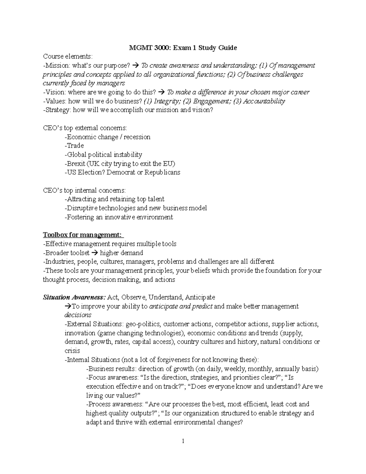 Exam 1 Note - Hopkins - MGMT 3000: Exam 1 Study Guide Course Elements ...