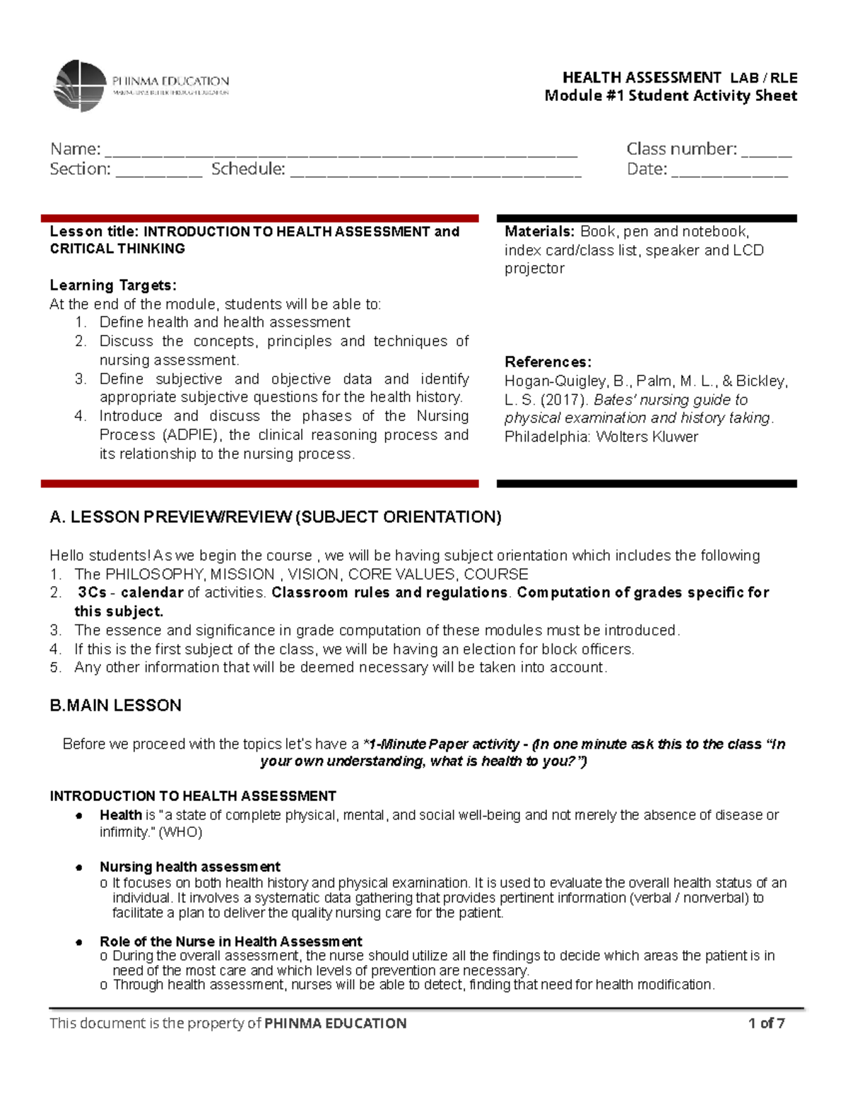 Copy of NUR 098 - Module #1 Student Activity Sheet Name: - Studocu