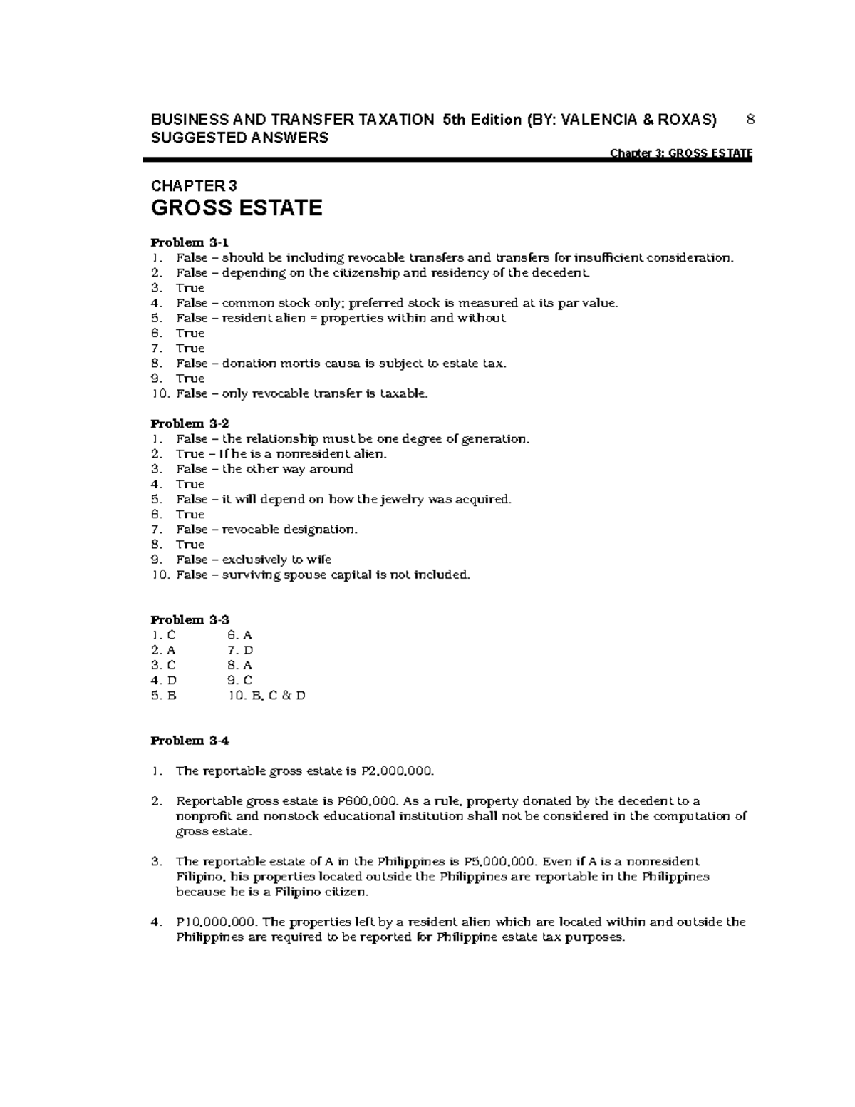 Solution manual Transfer and Business Taxes by Valencia Chapter 3 Gross Estate SUGGESTED