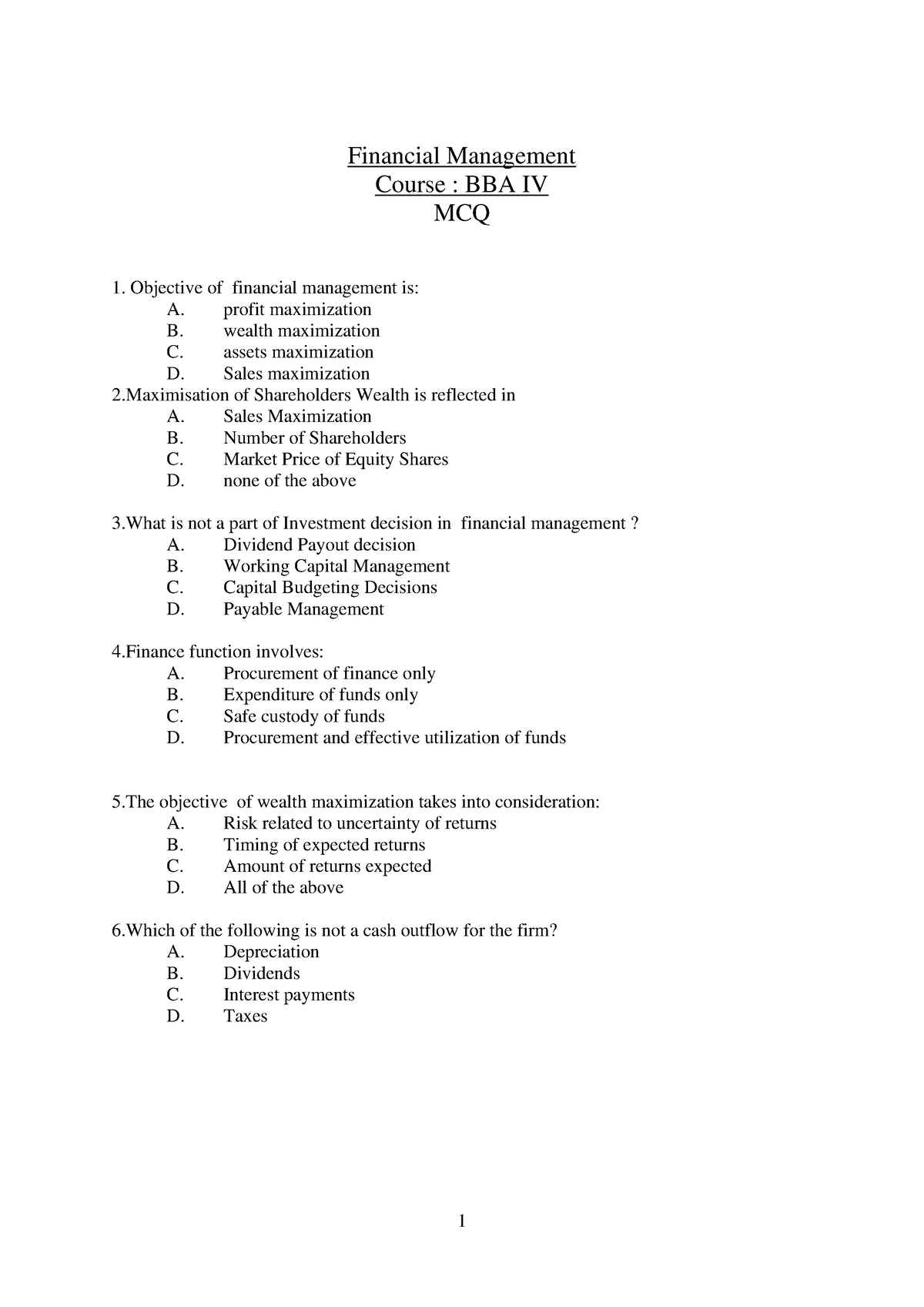 FM MCQS BBA IV - Mcq Questions - Financial Management Course : BBA IV ...