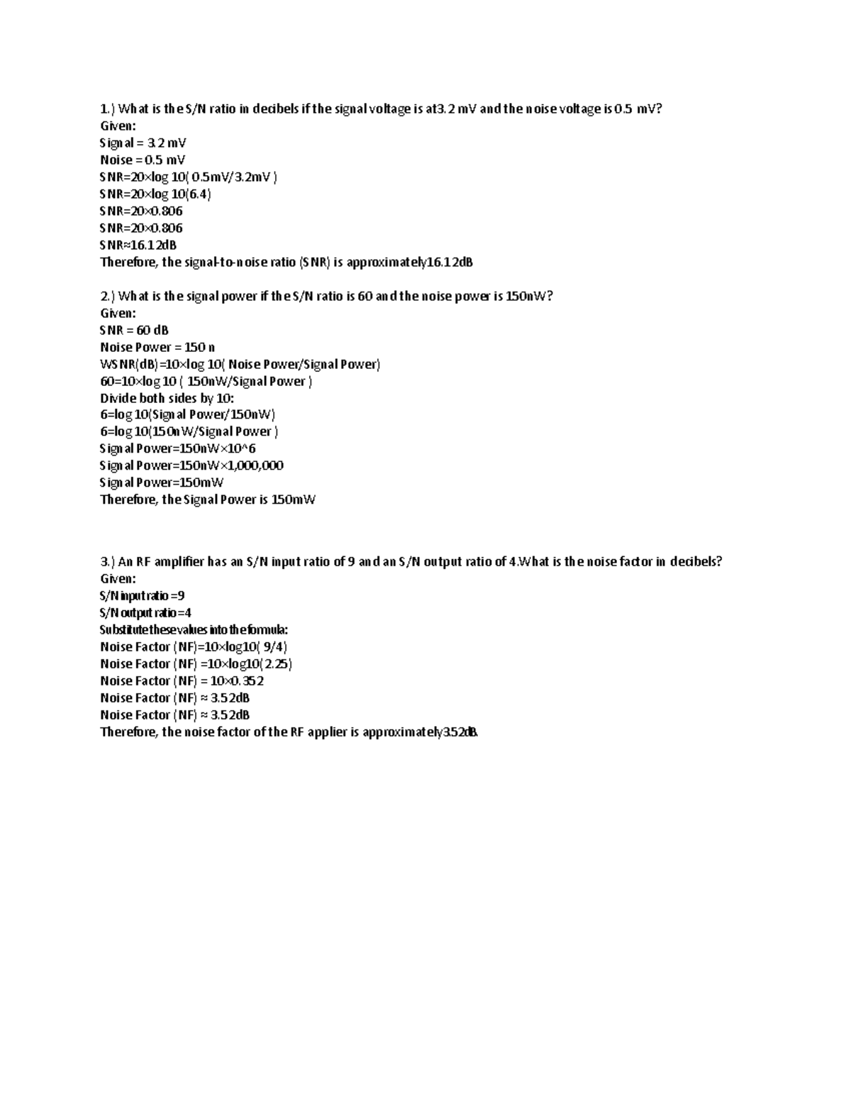 05 Seatwork - Noise & Distraction - 1.) What is the S/N ratio in ...