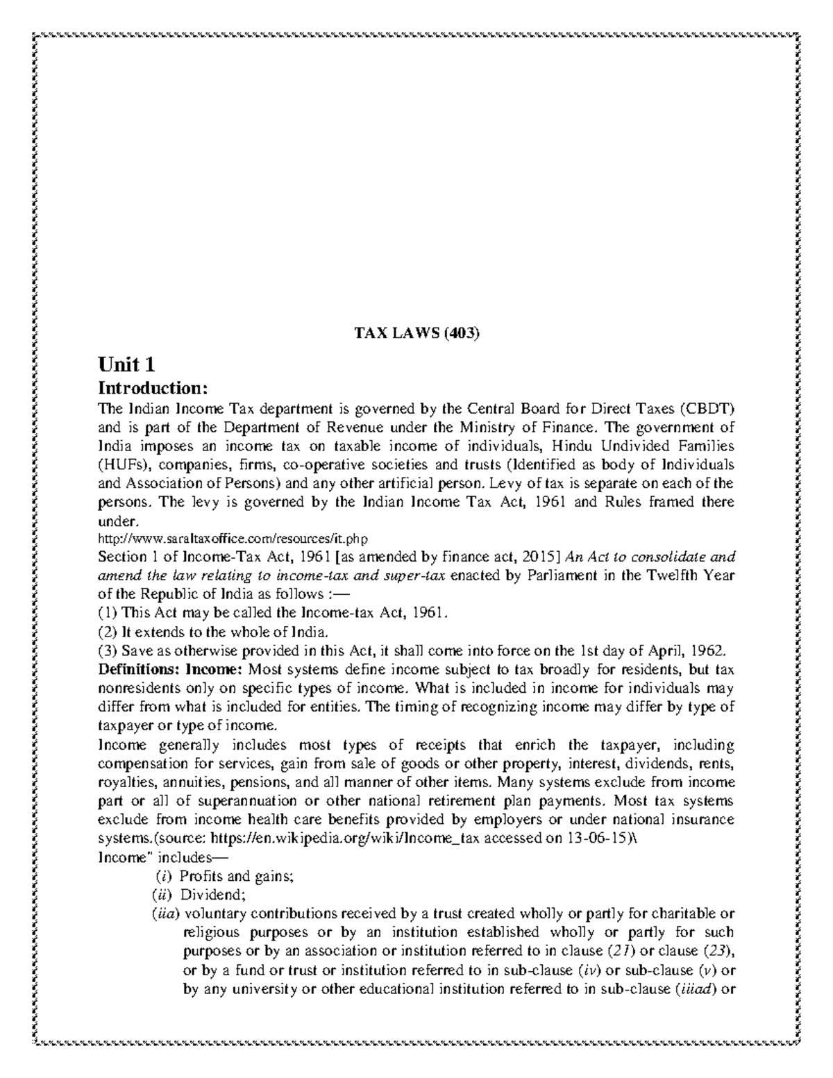 U1 - Introduction - TAX LAWS (403) Unit 1 Introduction: The Indian ...